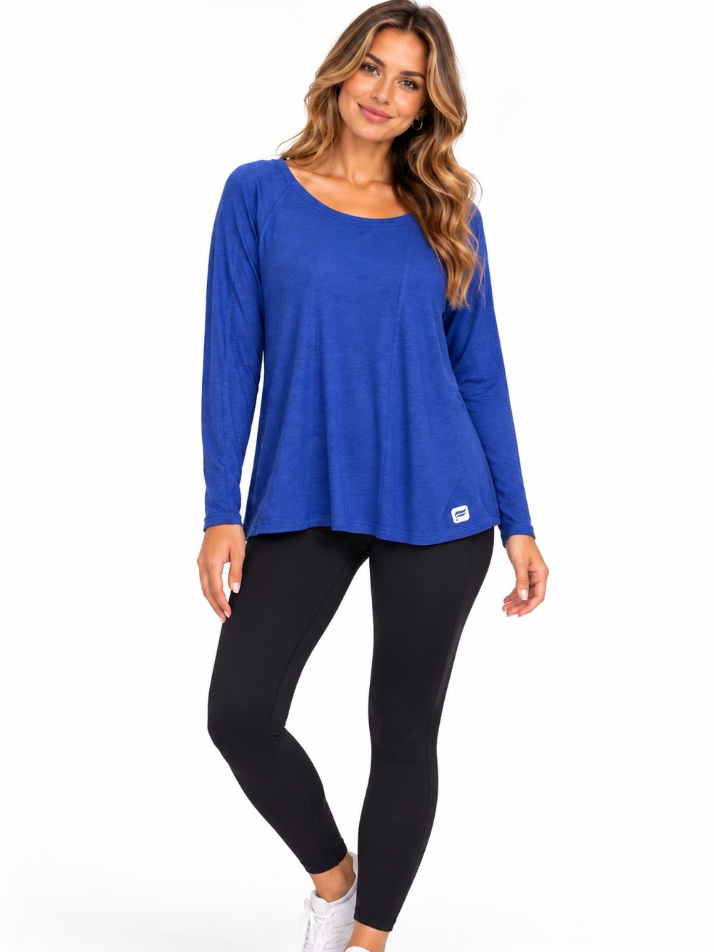 Fabletics Medium Women's Royal Blue Long Sleeve Scoop Neck Top Criss Cross Back